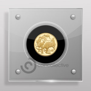 May include: A gold Australian one dollar coin featuring a kangaroo and other native animals, displayed in a clear acrylic case with a black background.