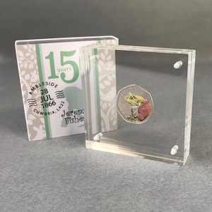 May include: A silver coin featuring a green frog wearing a red jacket and a white shirt. The coin is displayed in a clear acrylic case. The coin has the inscription "JEREMY FISHER". The display case is on a grey surface. The coin is part of a 15th anniversary collection.