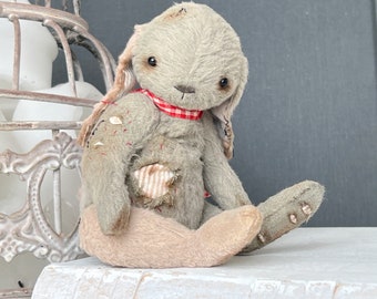Teddy style bunny. Soft sculpture. Handmade artist rabbit.  Vintage style Memory toy. Stuffed animal. Birthday gift