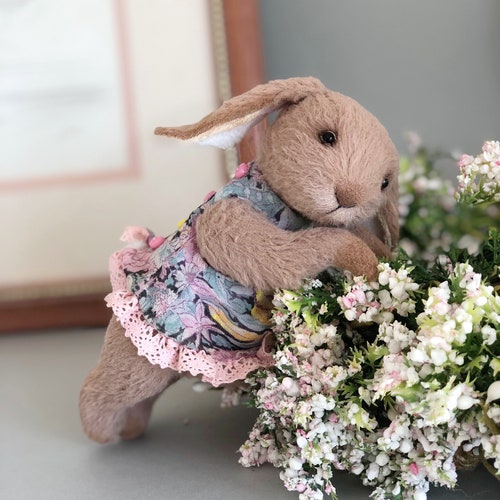 Artist teddy bunny. Decorative soft sculpture. Handmade memory toy. Vintage shops style rabbit. Birthday gift