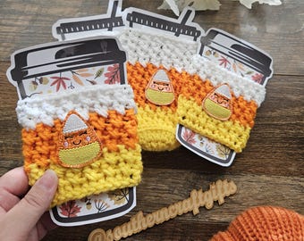 Halloween Candy Corn Cup Cozy | Crochet Sleeve For Cold Brew & Hot Coffee | Reusable | Coffee Sleeve