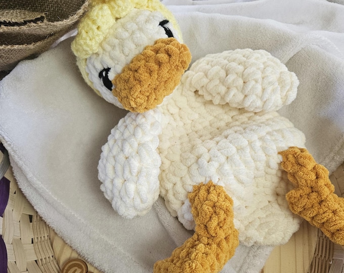 Featured listing image: Della Duck Lovey Snuggler | Made to Order | Duck Gift | Nursey | Duck with Headband | Crochet Duck