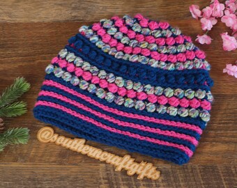 Chalmers Street Beanie, Ladies Beanie, Crochet Beanie, Winter Hat, Blue and Pink, Fitted Beanies