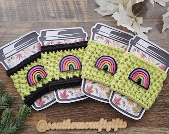 Halloween Rainbow Cup Cozy | Hand Crocheted Coffee Sleeve with Feltie | Solid Green or Black & Green | Ready to Ship