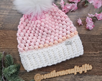 Toddler Phoebe Beanie | Pink & Orange Crochet Hat with White Brim | Pom Pom Beanie