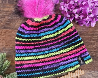 Neon Striped Knitted Beanie | Knit Winter Hat | Bright Striped Beanie With Pom | Double Brim Winter Hats