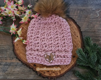Hand Crocheted Sakura Beanie in Rose Pink for 6-12 Months | Winter Beanie with Removable Pom Pom