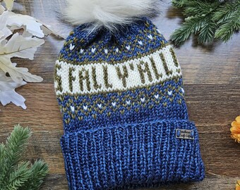 It's Fall Y'all Knitted Beanie | Fair Isle Beanie | Double Brim Knit Beanie | Adult Winter Hat | Ready To Ship