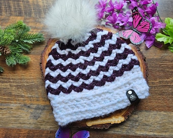 Hand Crocheted Sakura Beanie for Kids in Sparkly Purple and White with Pom Pom