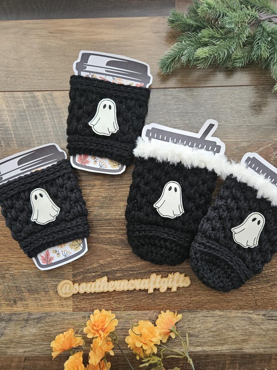 Handmade Crochet Ghost Cup Cozy | Spooky Coffee Sleeve