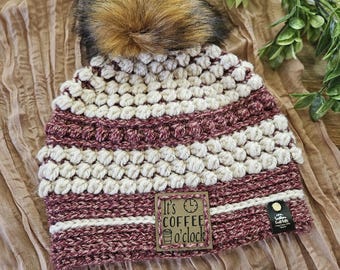 Crochet Beanie | Coffee O'Clock Patch | Adult M\L Winter Hat