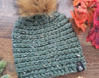 Chunky Forest Green Beanie | Ready to Ship | Tweed Wool Blend | Removeable Pom Pom | Adult Size