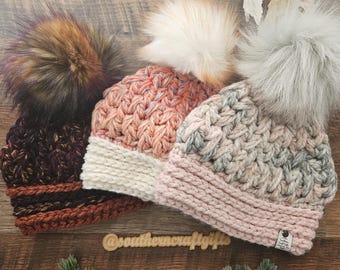 Chunky Crochet Beanie: Plume - Removable Faux Fur Pom