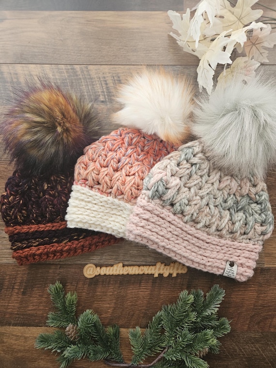 Chunky Crochet Beanie: Plume - Removable Faux Fur Pom - Etsy display picture 1