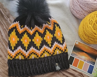 Stormy Peaks Knit Beanie | Colorwork Winter Hat | Black Yellow Pink Orange Beanie | Handmade Knit Hat with Removable Pom | Adult Small/Teen