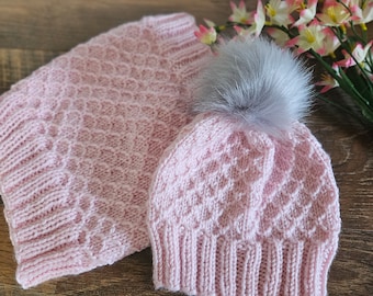 Talaria Beanie and Cowl Set for Toddlers in Pink with Removable Pom Pom