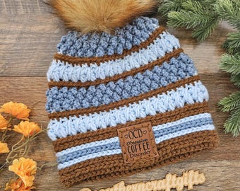 Crochet Coffee Lover Beanie: Blue & Brown Acrylic, Faux Fur Pom