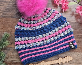 Chalmers Street Beanie | Crochet Winter Hat in Blue & Pink | Textured Hat | Adult M/L