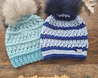 Handmade Baby Beanies | Ombre Turquoise & Two Tone Blue | Removeable Pom Pom