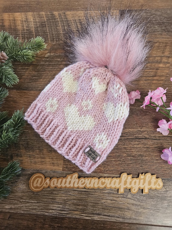 Bebe Pink and Cream Knit Hat Pale Pink mini pom pom hat | newborn, baby, toddler, girl  main image 3