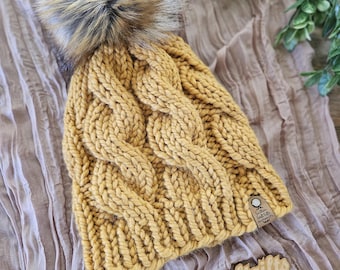 Chunky Cable Beanie | Mustard Yellow | Removable Pom Pom | Adult Size