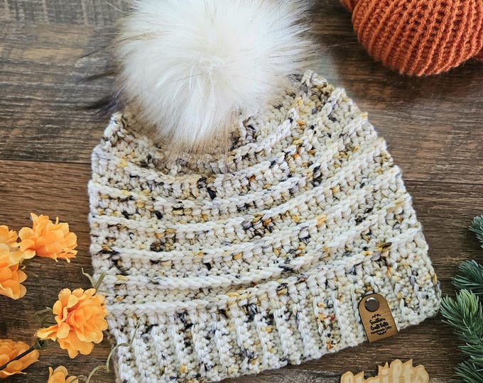 Featured listing image: Hand-Crocheted Speckled Merino Wool Beanie with Faux Fur Pom