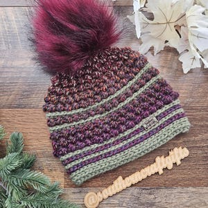 Crochet Puff Stitch Beanie | Fall Multicolor, Sage Green, Faux Fur Pom