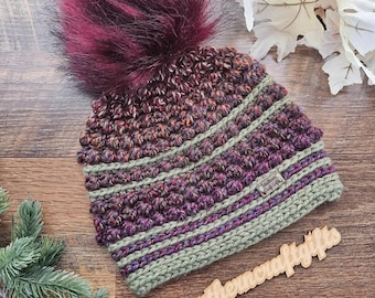 Chalmers Street Beanie | Crochet Puff Stitch Hat in Fall Multicolor & Sage Green | Teen/Adult Small