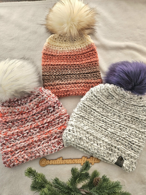 Chunky Crochet Pom Pom Beanie | Handmade Winter Hat - Etsy display picture 2