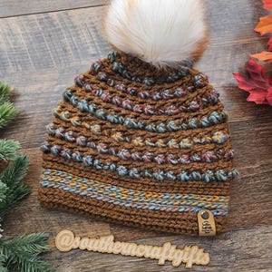 Handmade Crochet Beanie: Wool Blend, Faux Fur Pom