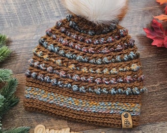 Handmade Crochet Beanie: Wool Blend, Faux Fur Pom