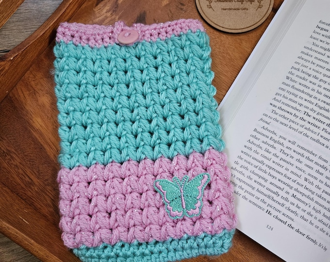 Featured listing image: Crochet Kindle Sleeve | Butterfly Accents | Kindle Cover | Pink and Green | Book Sleeve