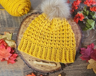 Meadow Toddler Beanie, Golden Yellow, Hand Crocheted Kids Winter Hat with removeable faux fur pom pom