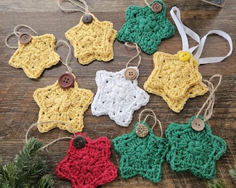 Crochet Star Ornaments | Flat Cotton Stars with Button Detail |Gift Toppers & Holiday Decor