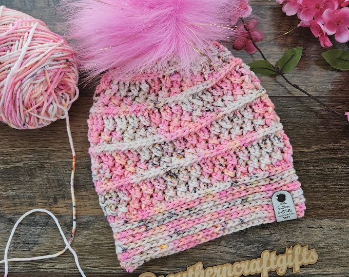 Featured listing image: Hand-Crocheted Merino Wool Beanie: Pink & Orange Falling Leaves