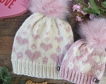 Eternal Hearts Beanie | Child Size | Knit Beanie for Kids | Pom Pom Beanie | Hats with Hearts