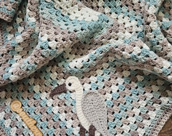 Crocheted Baby Blanket in Blue Cream and Taupe with Herron Bird Applique | Baby Shower Gift | Ready to Ship