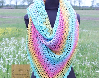 Handcrafted Boho Style Triangle Shawl, Super Soft and Perfect for Spring! Ready to Ship! Crochet Wrap for Women, Pastel Rainbow