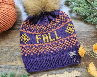 Child Fall Knit Beanie | Fair Isle Hat in Purple Gold & Orange | Handmade Knit Hat For Kids