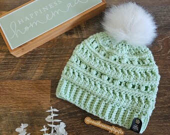 Mint Green Annie Beanie with Detachable Faux Fur Pom Pom - Kids Winter Hat