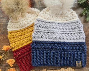 Colorblock Crochet Beanie with Faux Fur Pom Pom - Handmade Adult Winter Hat