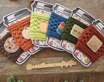 Fall Cup Cozies | Hand Crocheted with Feltie Patches | Variety of Colors | 100% Acrylic Yarn | Ready to Ship