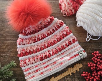 Crochet Peppermint Beanie | Red & White, Faux Fur Pom