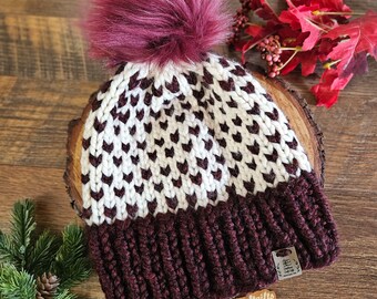 Little Hearts Beanie, Cozy Burgundy and White Slouchy Beanie - Knitted Winter Hat for Women