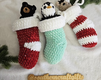 Crochet Pop Up Animal Stockings | Black Bear | Reindeer | Penguin | Kid Friendly Holiday Ornaments | Crochet Plushies