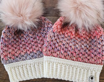 Crochet Beanie | Purple and Pink Winter Hats | Removable Pom Pom | Adult Size