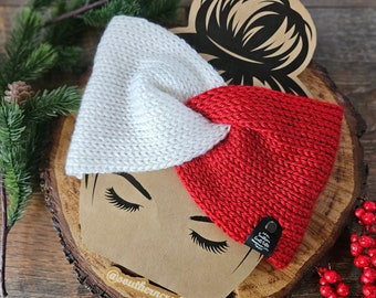Twisted Ear Warmer READY to SHIP - Red and White Knit Headband - Gifts for Her