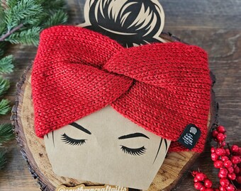 Metallic Knit Ear Warmer - Twisted Ear Warmer in Red - READY to SHIP
