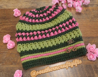 Nevermore Beanie | Crochet Hats For Women | Pink and Green Beanie | Women's Cute Slouchy Beanie