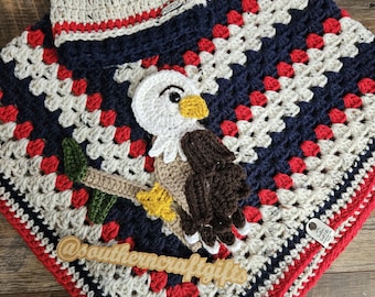 Made to Order Red, White & Navy Baby Blanket | Eagle Applique | Optional Beanie, Plushie, Snuggler Set | Crochet Patriotic Nursery